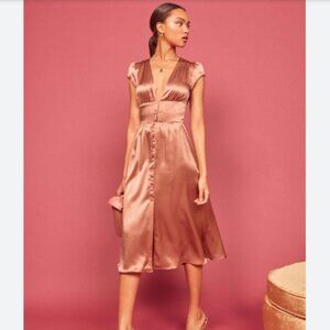 Reformation Charleigh 100% Silk Dress in Praline, Size 8